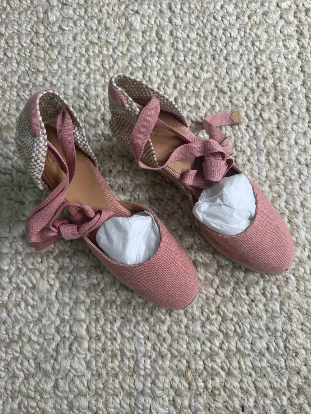 NWOB Castaner Rose Pink Woven Espadrille “Carina” Ankle Tie Wedge Sandals